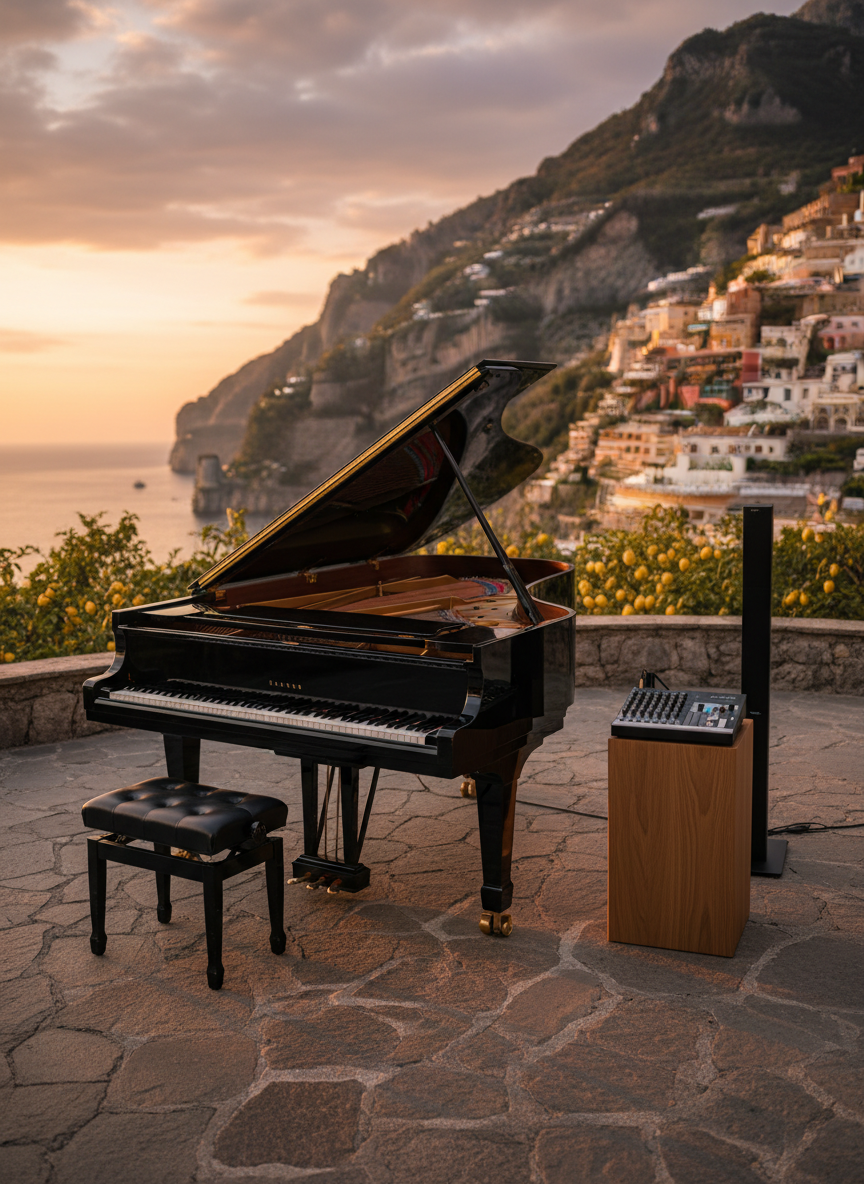 A gleaming black grand piano with polished brass details and an open lid revealing taut strings, arranged beside a discreet array of elegant speakers and a sleek digital mixer on a low wooden stand. The ensemble is set on a stone terrace overlooking the Amalfi Coast at sunset, with terraces of lemon trees and distant villas softly blurred. Golden hour light bathes the instruments, creating warm reflections on the lacquered surfaces and gentle shadows on the flagstones. Shot at eye level with shallow depth of field, the composition feels cinematic and sophisticated, conveying live wedding music as the refined soundtrack of a special moment, in realistic photographic style.