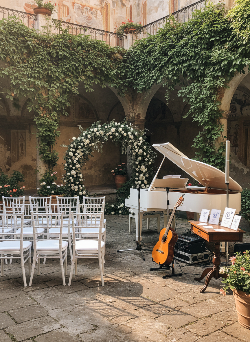 An intimate ceremony setup in a historic Campania courtyard, with rows of white chairs, a floral arch, and at the side a refined live music corner: a glossy white electric piano, a slender microphone stand, a classical guitar on a dark wooden stand, and a compact sound system. Discreet laminated cards on a small table subtly display SIAE-compliance icons without readable text. Soft late-afternoon natural light filters through climbing vines, casting intricate shadows on the cobblestones. Photographed in realistic style from a slightly elevated angle, the scene feels calm, elegant, and orderly, suggesting professional, fully regulated wedding music services without showing any people.