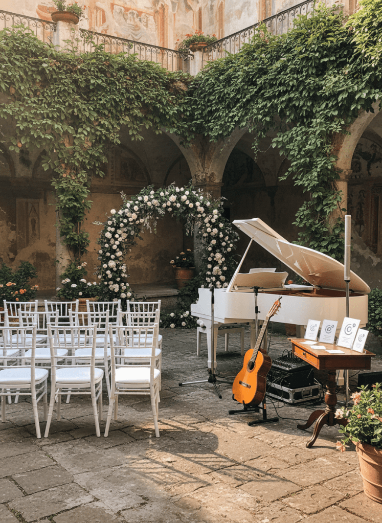An intimate ceremony setup in a historic Campania courtyard, with rows of white chairs, a floral arch, and at the side a refined live music corner: a glossy white electric piano, a slender microphone stand, a classical guitar on a dark wooden stand, and a compact sound system. Discreet laminated cards on a small table subtly display SIAE-compliance icons without readable text. Soft late-afternoon natural light filters through climbing vines, casting intricate shadows on the cobblestones. Photographed in realistic style from a slightly elevated angle, the scene feels calm, elegant, and orderly, suggesting professional, fully regulated wedding music services without showing any people.