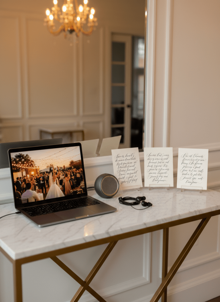 A sophisticated testimonial corner arranged on a marble console table: a slim, brushed-metal laptop showing a blurred wedding reception scene on its screen, next to three thick, cream-colored cards standing upright in clear acrylic holders, each filled with elegant but unreadable script representing client reviews. A small, high-end Bluetooth speaker and a pair of in-ear monitors rest nearby, hinting at live music experiences. Warm ambient light from an unseen chandelier above creates gentle reflections on the marble and delicate shadows behind the cards. Shot at eye level with balanced composition and photographic realism, the mood is intimate and trustworthy, suggesting heartfelt testimonials about unforgettable wedding music.