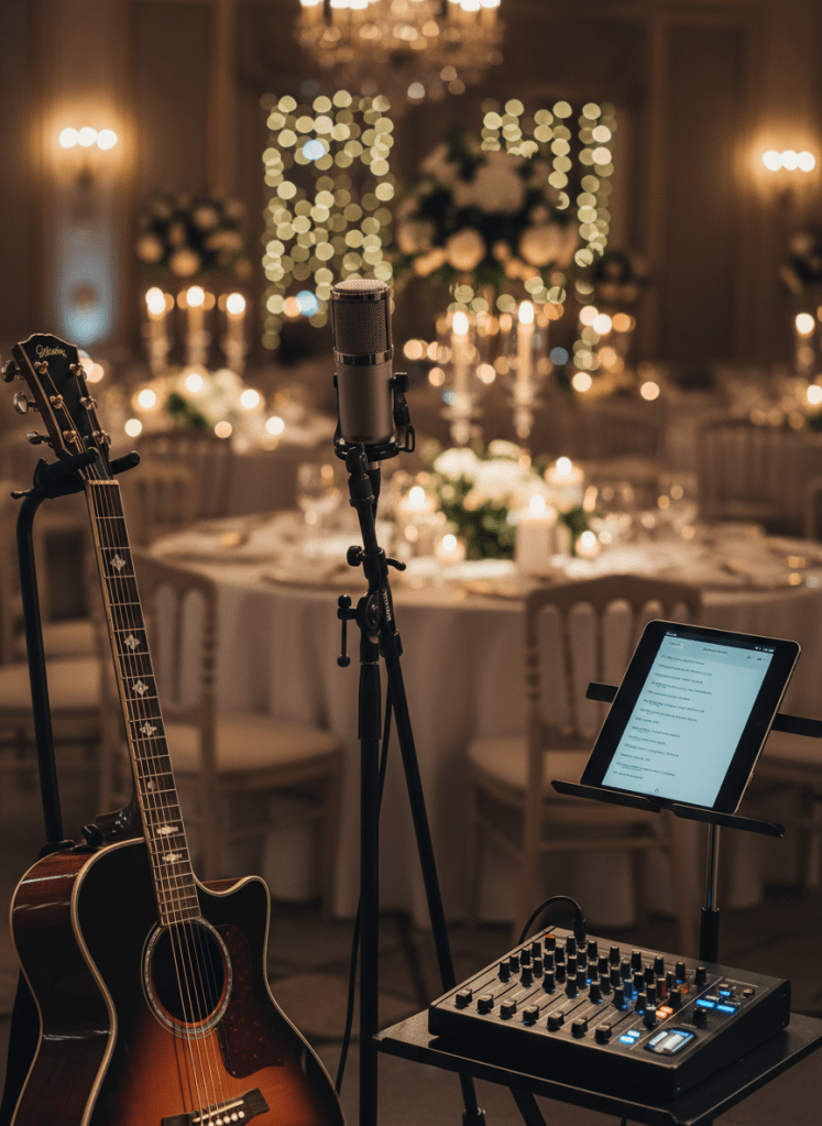 A close-up, cinematic shot of a professional audio setup ready for a live wedding performance: a polished dark wood acoustic guitar, a premium condenser microphone on a matte black stand, a small mixer with softly glowing LEDs, and a tablet resting on a music stand displaying a blurred setlist. The background shows a softly out-of-focus upscale reception hall in Campania, with round tables, candles, and floral centerpieces. Warm, diffused indoor lighting creates delicate highlights on metal hardware and a bokeh of twinkling lights. Shot from a low, three-quarter angle with shallow depth of field, the image evokes anticipation and sophistication, like a live demo moment just before the first song begins, in photographic realism.