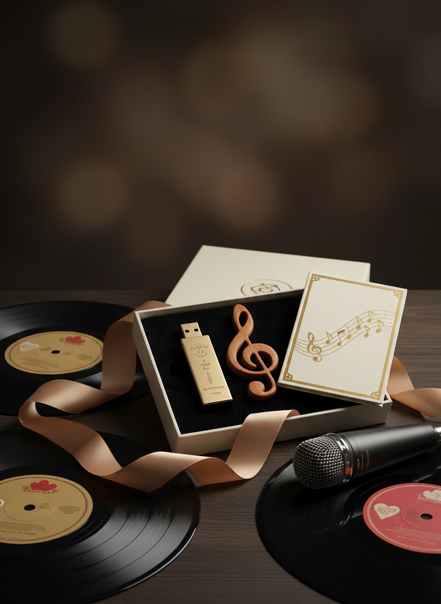 An artfully arranged musical gift box package displayed on a dark wooden table: a luxurious matte ivory box with a satin ribbon partially opened to reveal a custom-printed USB drive in a velvet insert, a handcrafted wooden music note ornament, and a refined booklet with gold-edged pages symbolizing personalized playlists. Around the box, a few vintage-style vinyl records and a slim, modern microphone lie casually, hinting at the live performance they represent. Soft, directional studio lighting from the left creates rich contrasts and subtle highlights on the materials, while the background fades into a smooth, dark bokeh. Photographed close-up in a clean, sophisticated style, the image conveys exclusive musical gift experiences tied to wedding memories.
