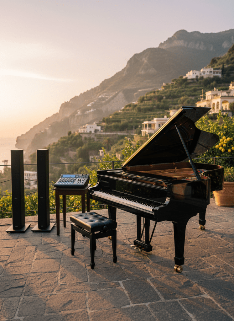A gleaming black grand piano with polished brass details and an open lid revealing taut strings, arranged beside a discreet array of elegant speakers and a sleek digital mixer on a low wooden stand. The ensemble is set on a stone terrace overlooking the Amalfi Coast at sunset, with terraces of lemon trees and distant villas softly blurred. Golden hour light bathes the instruments, creating warm reflections on the lacquered surfaces and gentle shadows on the flagstones. Shot at eye level with shallow depth of field, the composition feels cinematic and sophisticated, conveying live wedding music as the refined soundtrack of a special moment, in realistic photographic style.