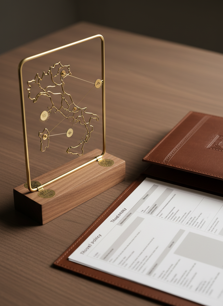 A minimalist map of Campania rendered as an elegant desk display: a thin metal outline of the region mounted on a walnut base, with subtle, non-text labels as small metallic markers radiating delicate lines toward stylized coastal towns and countryside venues. Beside it, a leather-bound folder with travel policy documents partially open, pages turned just enough to show structured layouts without readable text. Soft studio lighting from the side creates refined shadows and gentle highlights on metal and wood. Captured from a slightly elevated angle with crisp focus, the photographic image feels orderly and reassuring, visually communicating clear travel coverage and professionalism for live wedding music services.