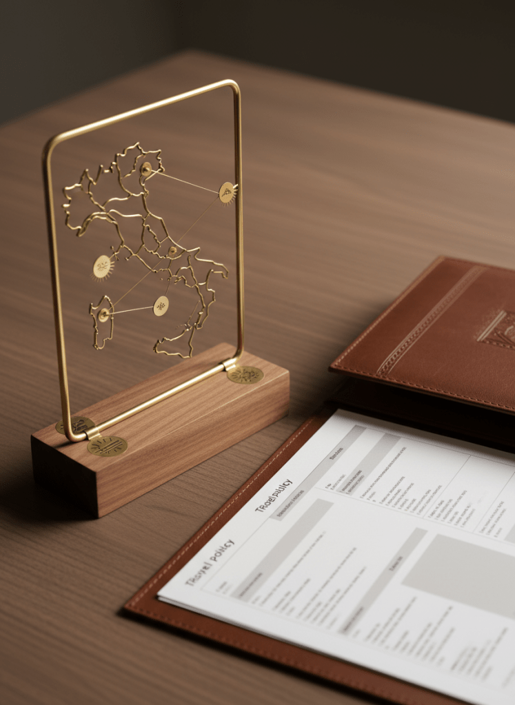 A minimalist map of Campania rendered as an elegant desk display: a thin metal outline of the region mounted on a walnut base, with subtle, non-text labels as small metallic markers radiating delicate lines toward stylized coastal towns and countryside venues. Beside it, a leather-bound folder with travel policy documents partially open, pages turned just enough to show structured layouts without readable text. Soft studio lighting from the side creates refined shadows and gentle highlights on metal and wood. Captured from a slightly elevated angle with crisp focus, the photographic image feels orderly and reassuring, visually communicating clear travel coverage and professionalism for live wedding music services.